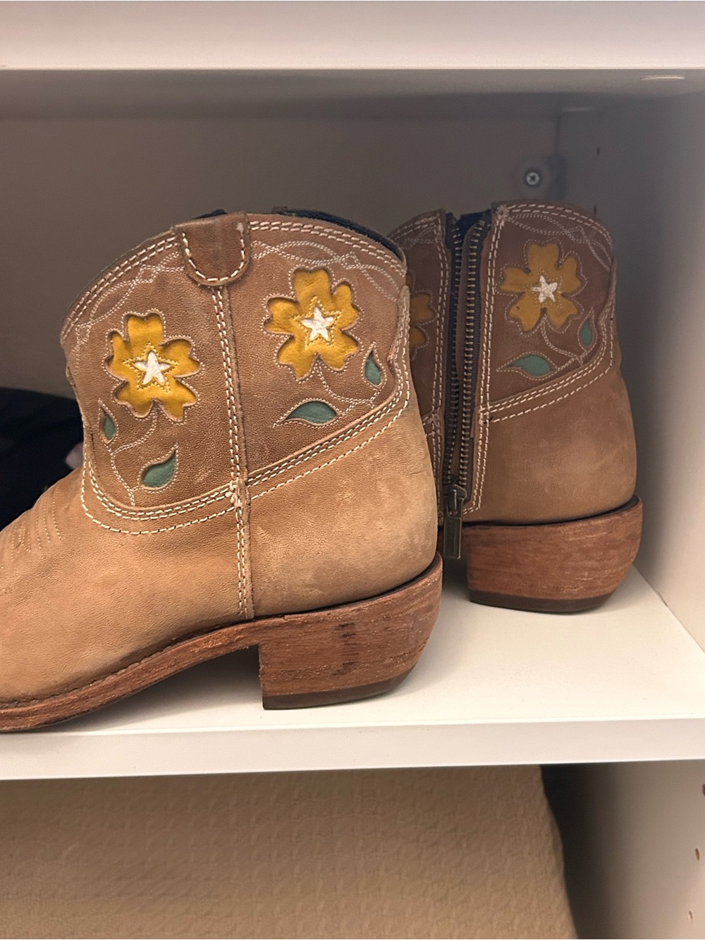 Liberty Black Tan Suede Ankle Booties with Yellow Floral Embroidery